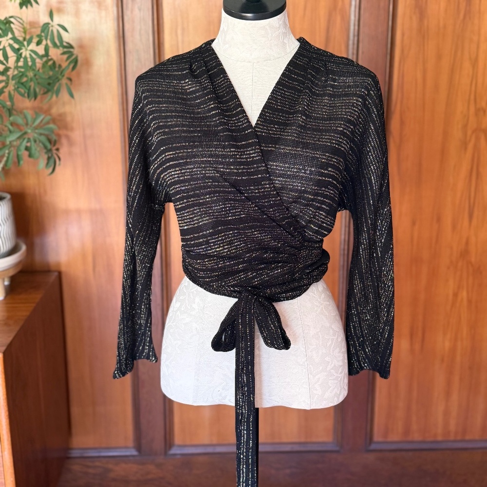 Freddie's of Pinewood Black Gold Knit Lurex Stripe Wrap Top Blouse, Medium
